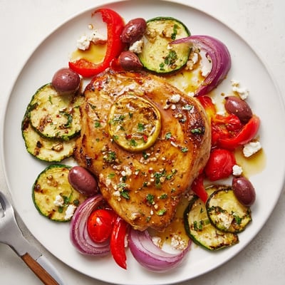 Serve Sheet Pan Mediterranean Chicken Zucchini hot from oven with lemony pan juices.