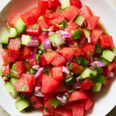 Colorful bowl of juicy watermelon salsa paired with crispy baked cinnamon tortilla chips for dipping