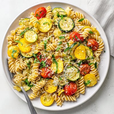 One-pan summer squash pasta skillet featuring tender zucchini and melted Parmesan cheese