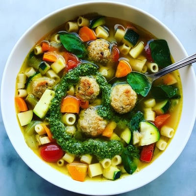 Summer Pesto Mini Meatball Soup