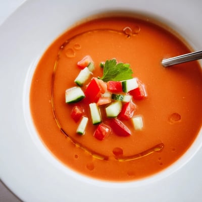 Smooth blended gazpacho recipe featuring vibrant red tomatoes, cucumber, and bell peppers drizzled with olive oil