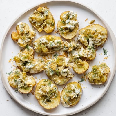 Dill pickle ranch smash appetizer featuring fork-tender potatoes baked until crispy and finished with tangy pickle toppings