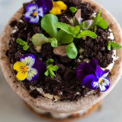 Chocolate edible potted floral garden served in miniature flower pots with vibrant pansies and mint sprouts nestled in dark cookie crumbles