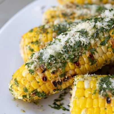 Flame-charred corn ears sprinkled with savory parmesan ranch and fresh chopped herbs