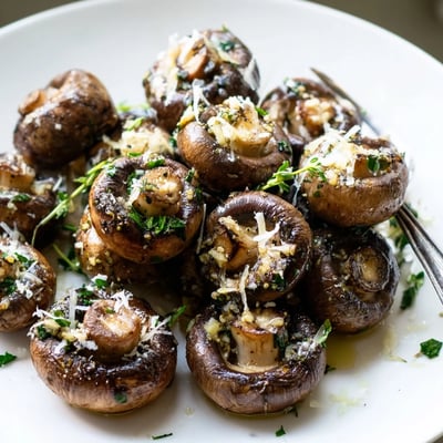Smoky charred mushrooms tossed in garlic butter sprinkled with parsley and thyme