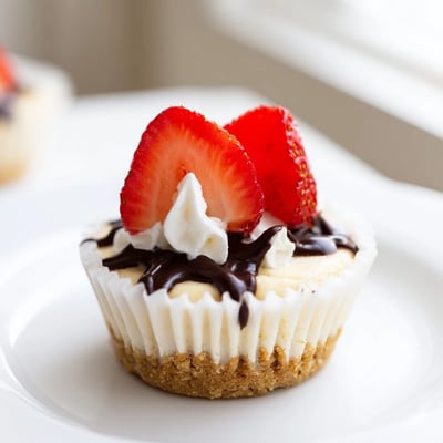Individual mini cheesecakes drizzled with caramel and crowned with fluffy whipped cream