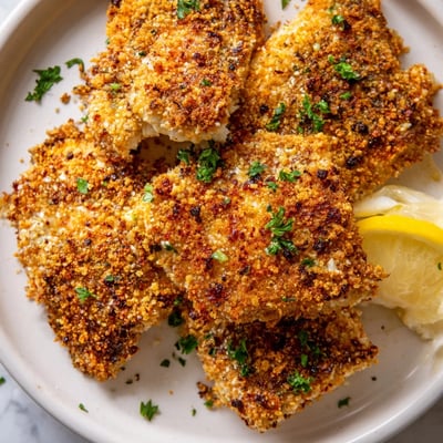 Juicy Paprika Parmesan Chicken garnished with fresh parsley and bright lemon wedges for serving