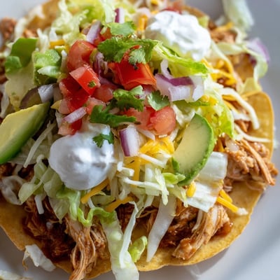 Crispy chicken tostadas topped with vibrant lettuce, cheese, and sliced avocado.