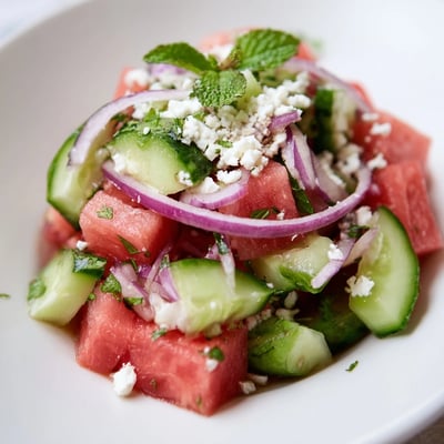 Crisp watermelon cucumber salad topped with crumbled feta and fresh mint.  