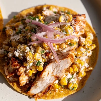 Juicy grilled chicken tacos served with zesty street corn and crumbled cotija cheese.