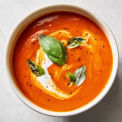 Velvety homemade roasted tomato basil soup paired with crusty bread for dipping.  