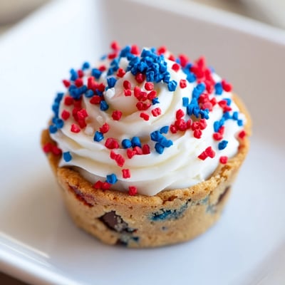 Golden bite-sized patriotic chocolate chip cookie cups filled with creamy vanilla frosting.  