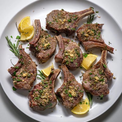 Succulent herb garlic lamb chops served with lemon wedges on a white plate.  